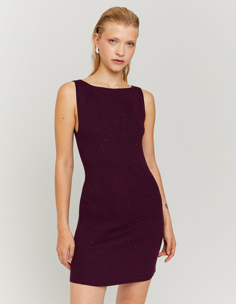 Knitted Backless Mini Dress with Strass | Purple