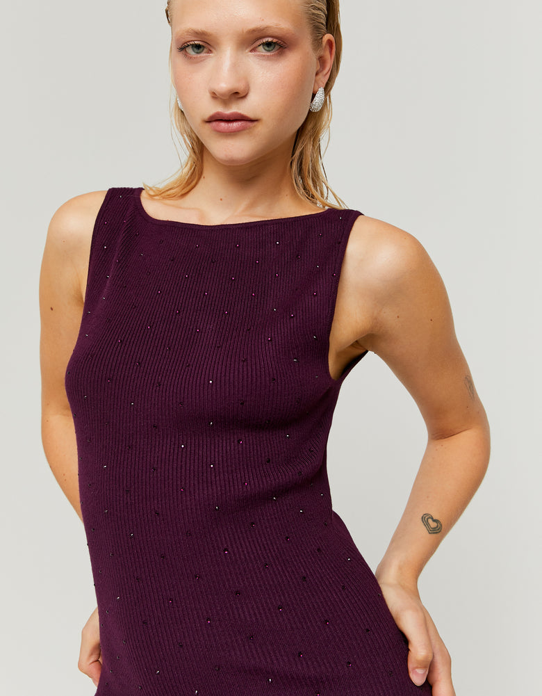 Knitted Backless Mini Dress with Strass | Purple