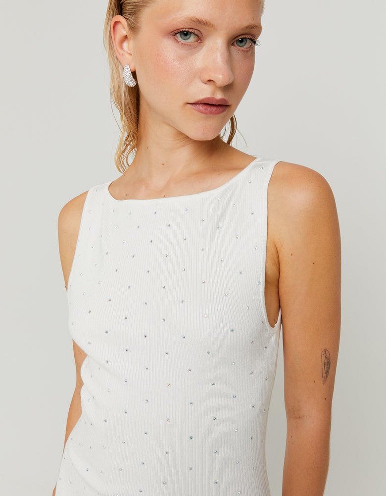 Knitted Backless Mini Dress with Strass | Off White