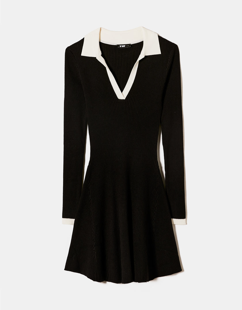 Knitted Dress with White Polo Neck | Black