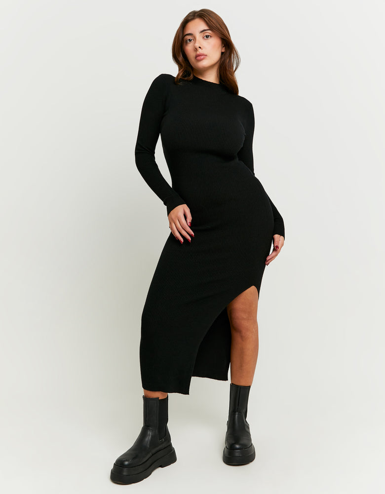 Maxi Knitted Dress with Slit | Black