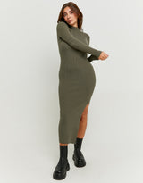 Maxi Knitted Dress with Slit | Kaki
