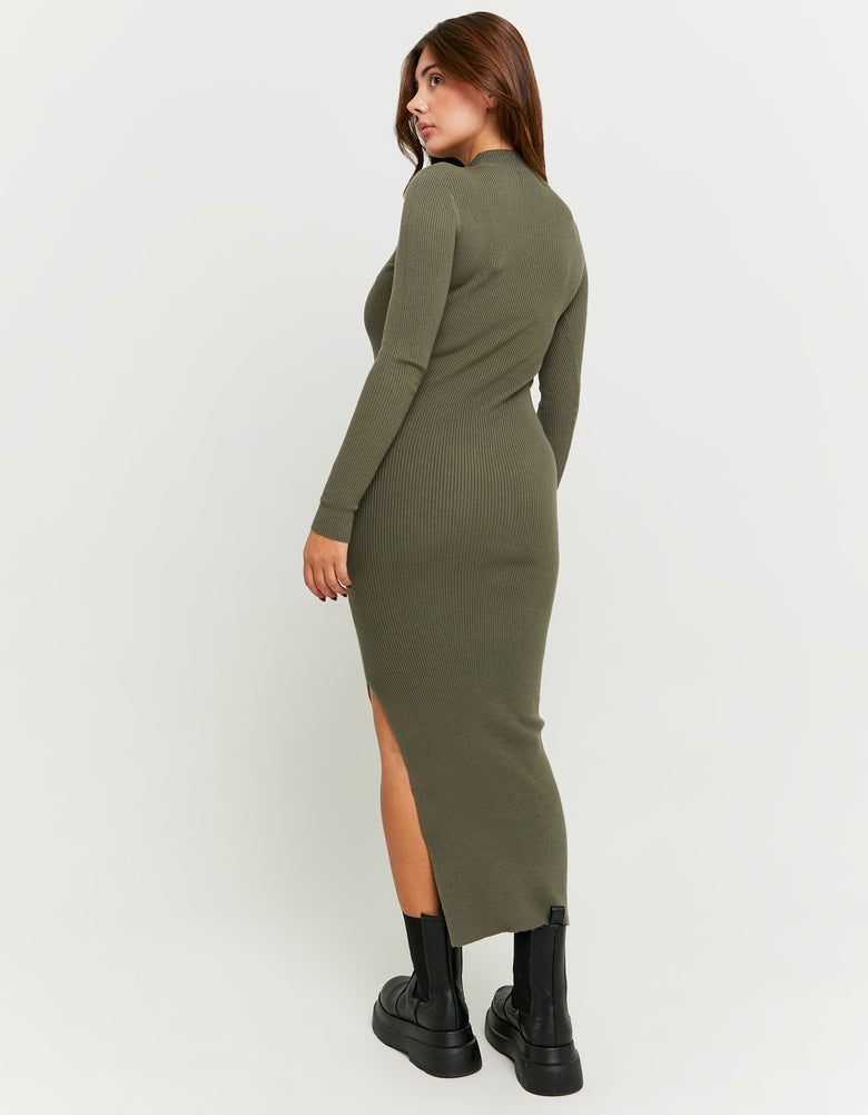 Maxi Knitted Dress with Slit | Kaki
