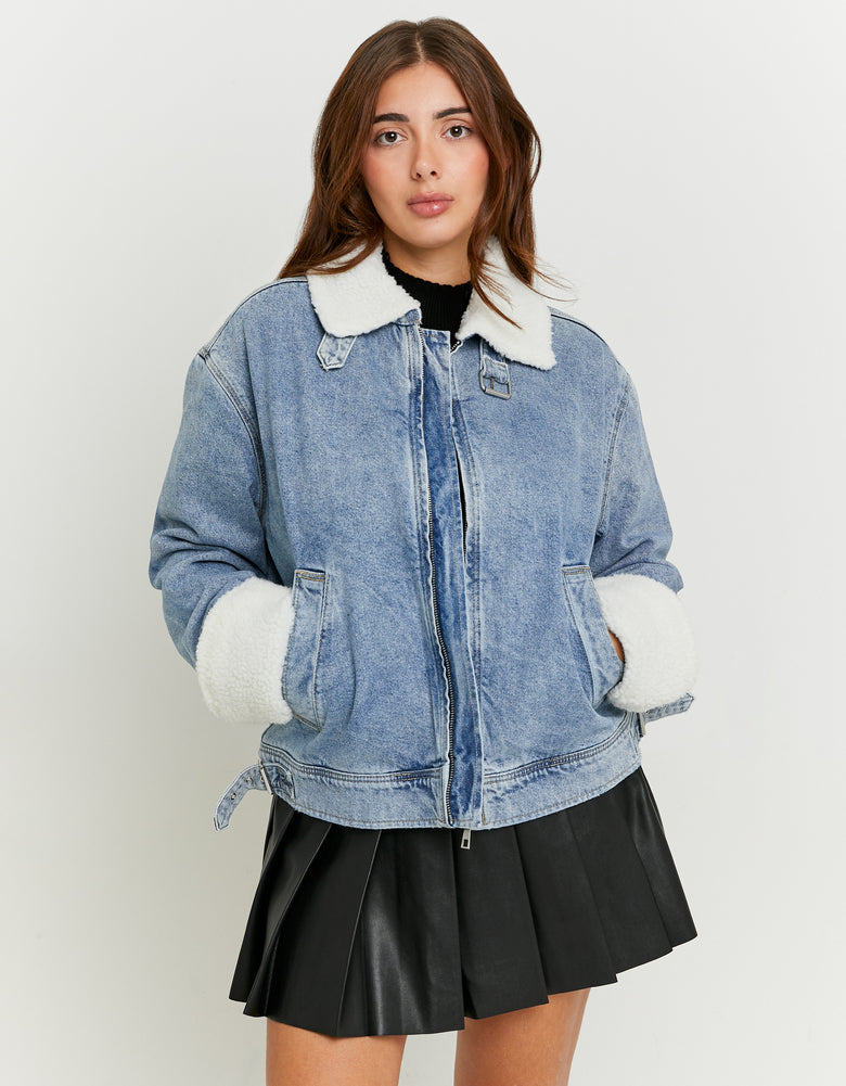 Denim Jacket with Shearling Details | Blue Wash