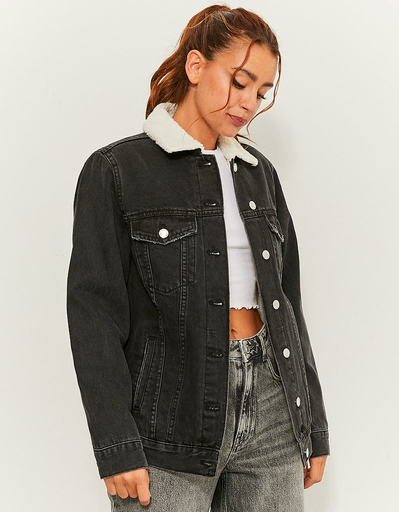 Denim Jacket with Faux Fur Collar | Black Wash
