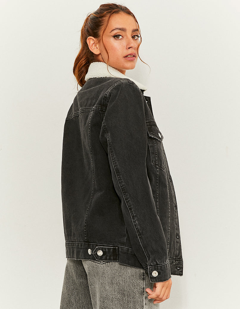 Denim Jacket with Faux Fur Collar | Black Wash