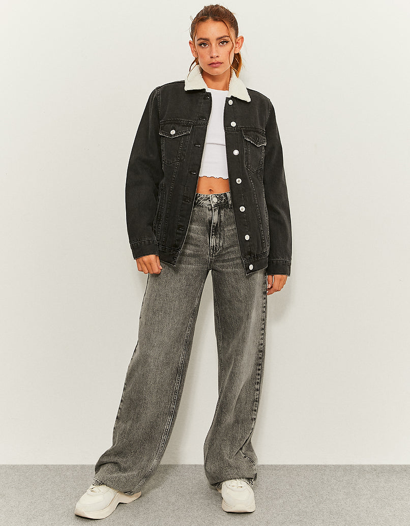 Denim Jacket with Faux Fur Collar | Black Wash
