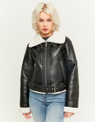 Faux Leather Fancy Aviator Jacket | Black-Off White
