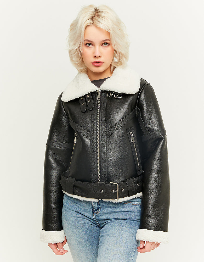 Faux Leather Fancy Aviator Jacket | Black-Off White