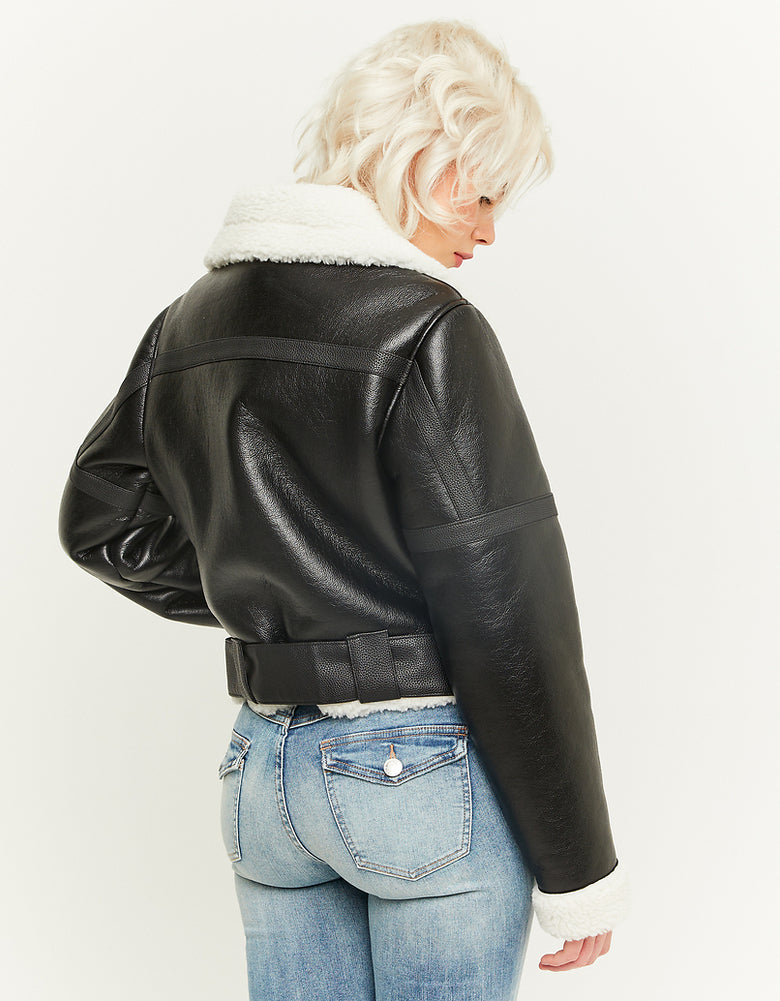 Faux Leather Fancy Aviator Jacket | Black-Off White
