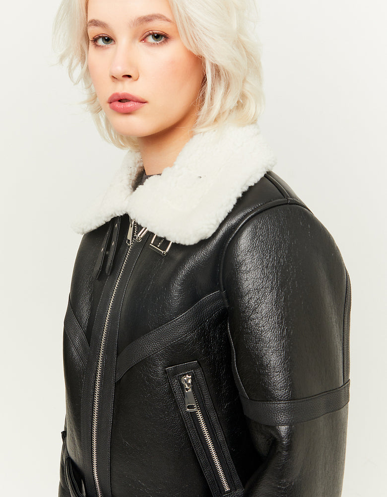 Faux Leather Fancy Aviator Jacket | Black-Off White