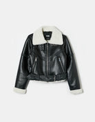Faux Leather Fancy Aviator Jacket | Black-Off White