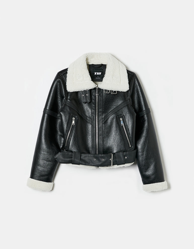 Faux Leather Fancy Aviator Jacket | Black-Off White