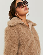 Faux Fur Zip Up Jacket | Beige