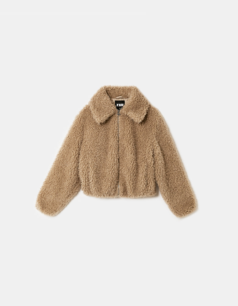 Faux Fur Zip Up Jacket | Beige