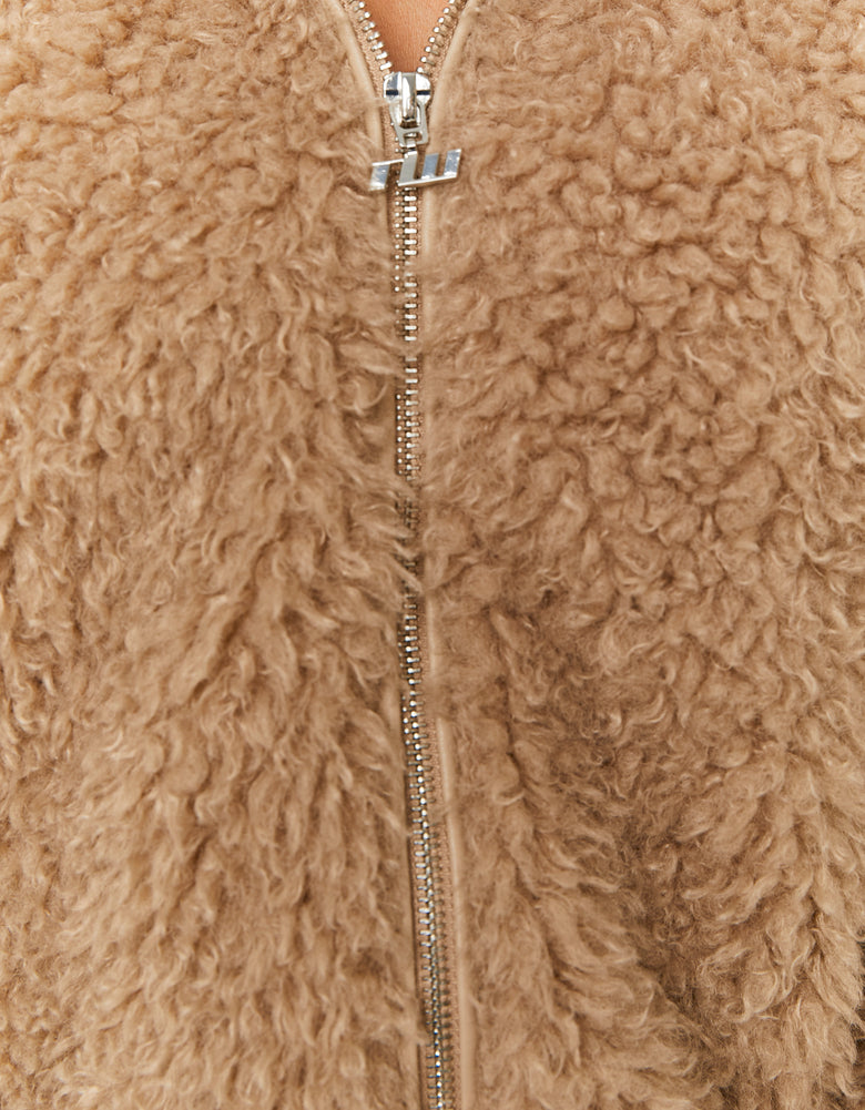 Faux Fur Zip Up Jacket | Beige