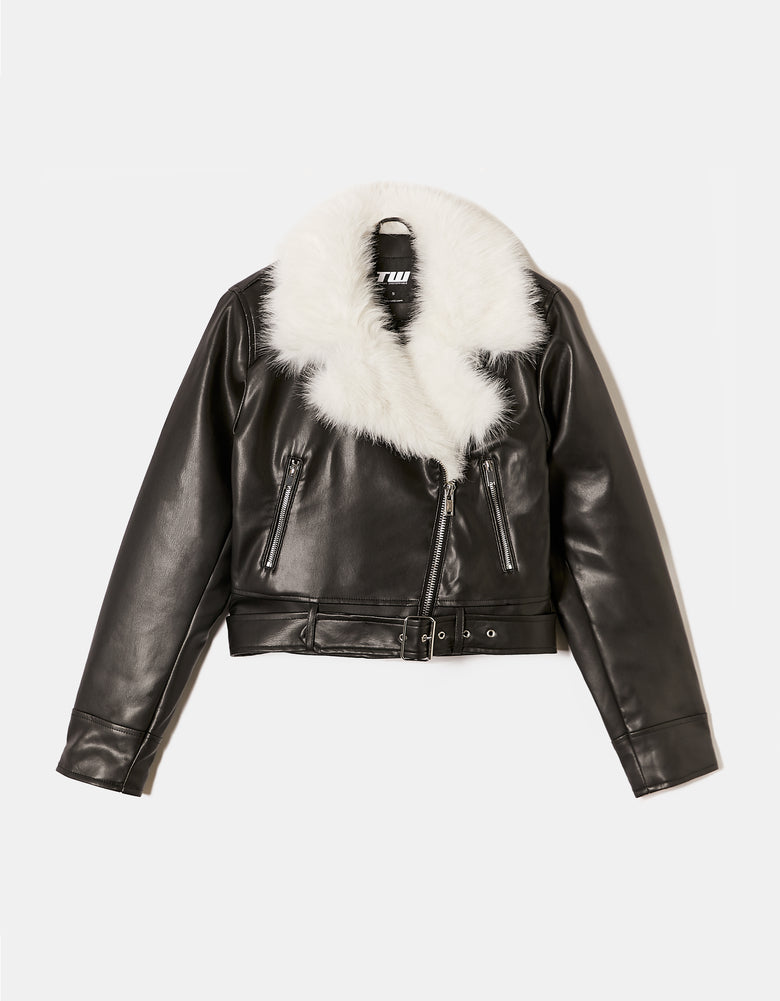 Biker Jacket with Faux Fur | Black