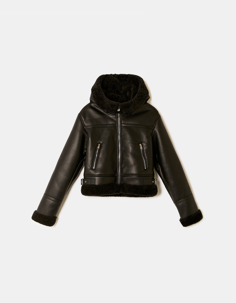 Faux Leather Jacket with Faux Fur | Black
