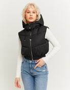 Cropped Padded Vest with Removable Hood | Black