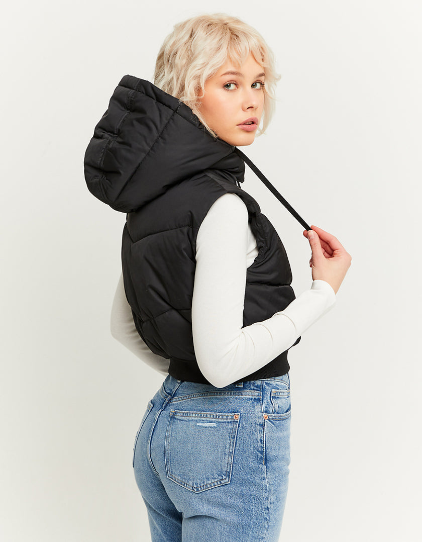 Cropped Padded Vest with Removable Hood | Black