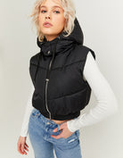 Cropped Padded Vest with Removable Hood | Black