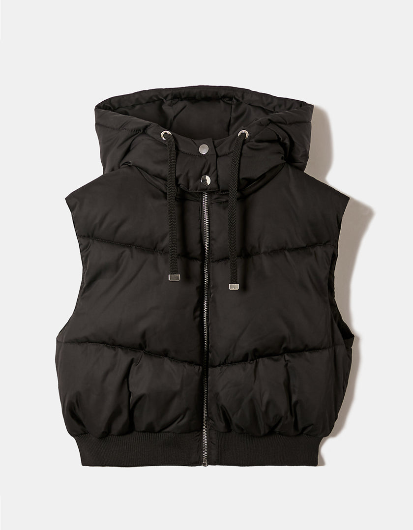 Cropped Padded Vest with Removable Hood | Black