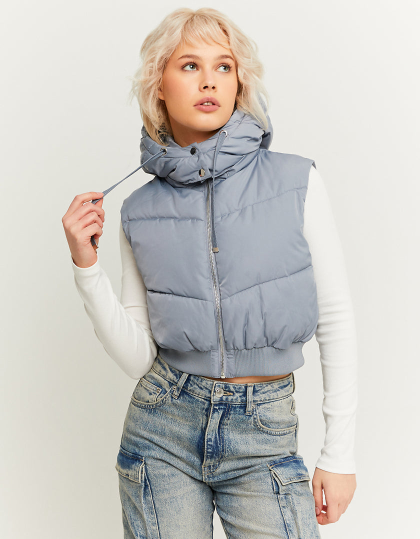 Cropped Padded Vest with Removable Hood | Grey