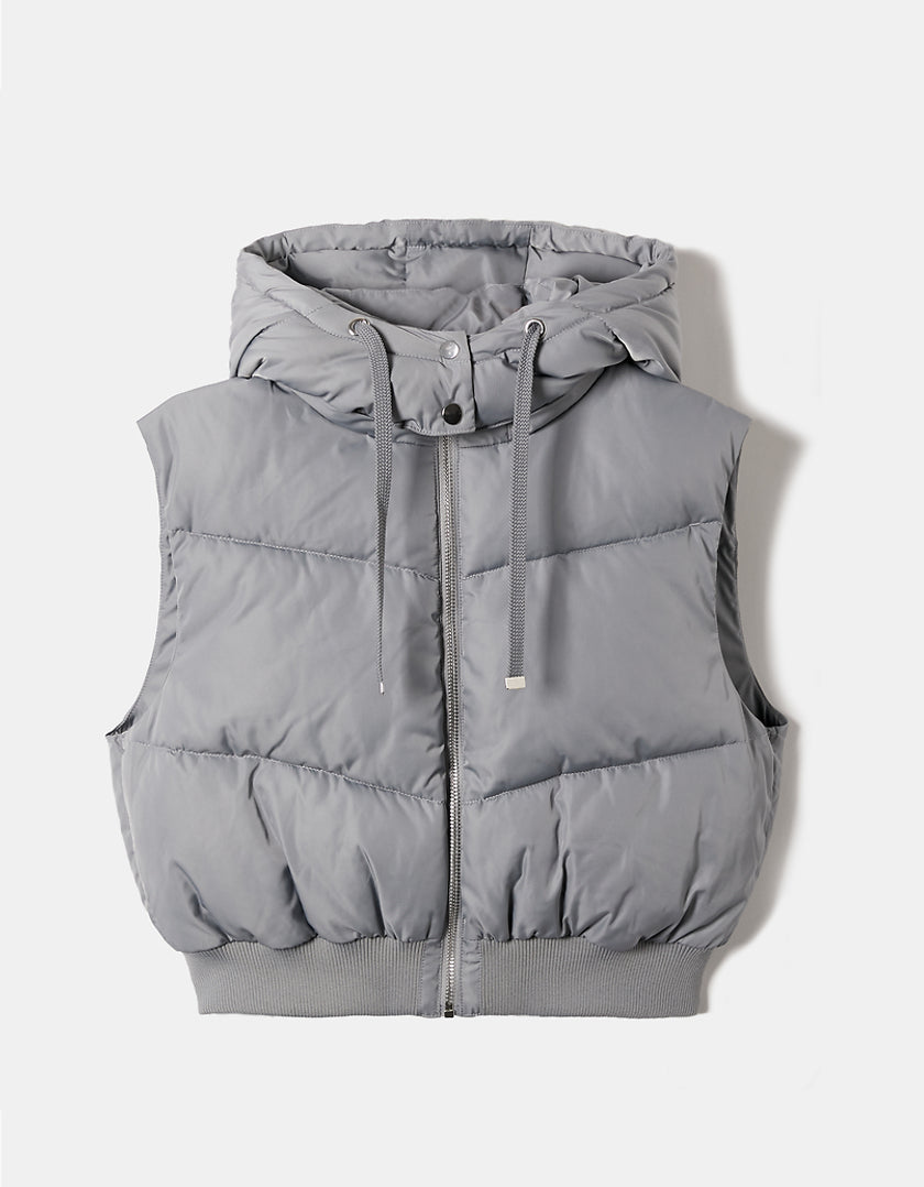 Cropped Padded Vest with Removable Hood | Grey