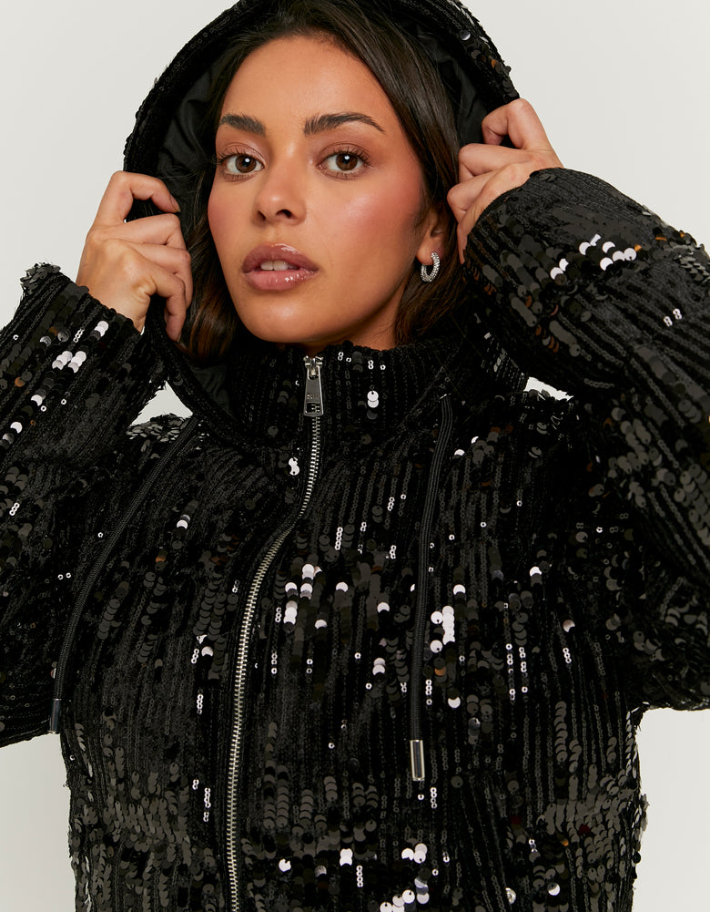 Sequined Padded Jacket | Black