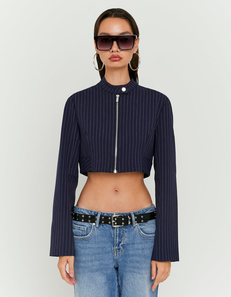 Cropped Blazer with Pinstripes | Navy Striped