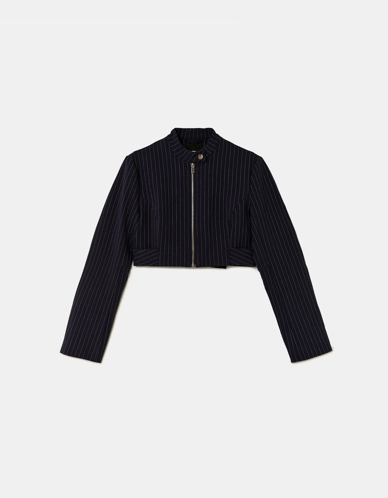Cropped Blazer with Pinstripes | Navy Striped
