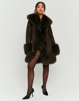 Suede Long Jacket with Faux Fur | Brown