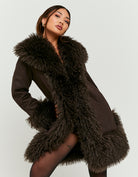 Suede Long Jacket with Faux Fur | Brown