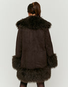 Suede Long Jacket with Faux Fur | Brown