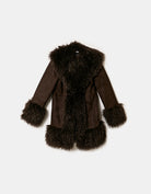 Suede Long Jacket with Faux Fur | Brown