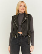 Faux Leather Sleeveless Biker Jacket | Black
