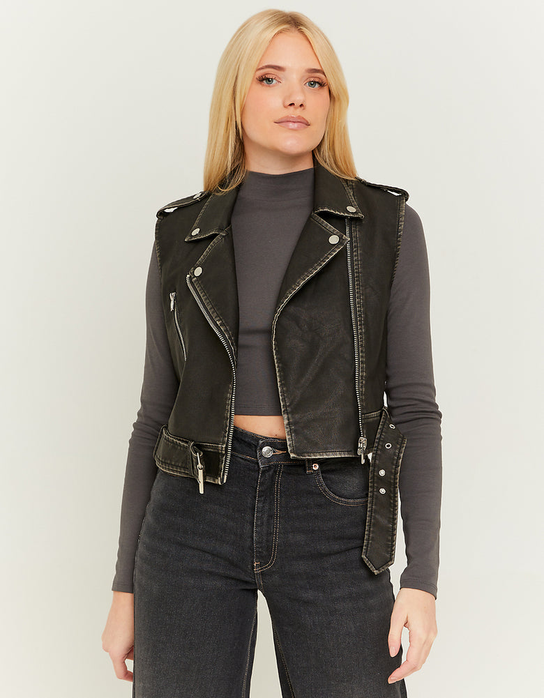 Faux Leather Sleeveless Biker Jacket | Black