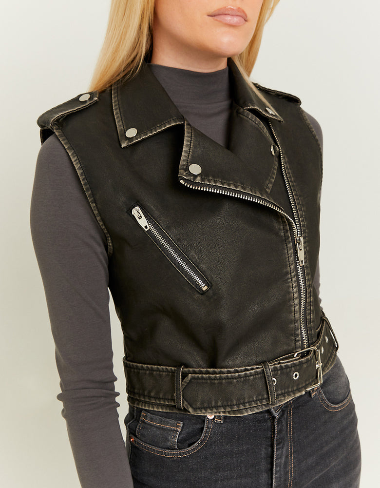 Faux Leather Sleeveless Biker Jacket | Black