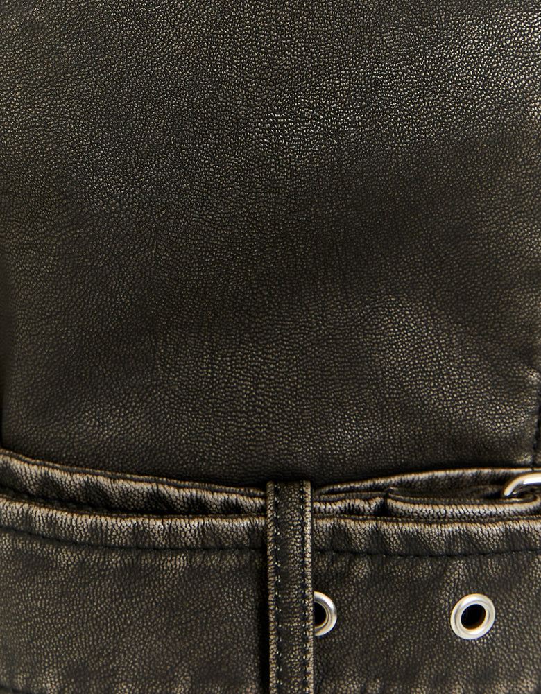 Faux Leather Sleeveless Biker Jacket | Black