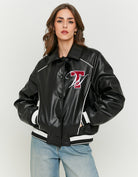 Faux Leather Oversize Varsity Jacket | Black