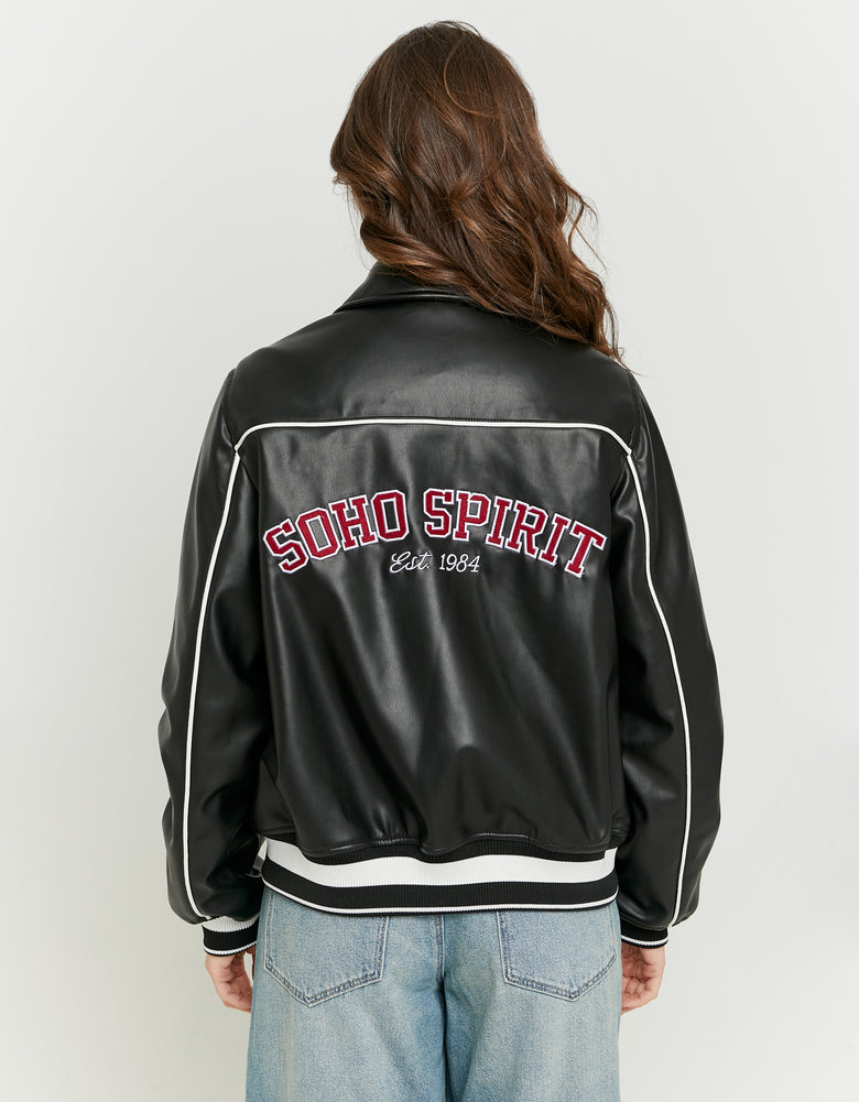 Faux Leather Oversize Varsity Jacket | Black
