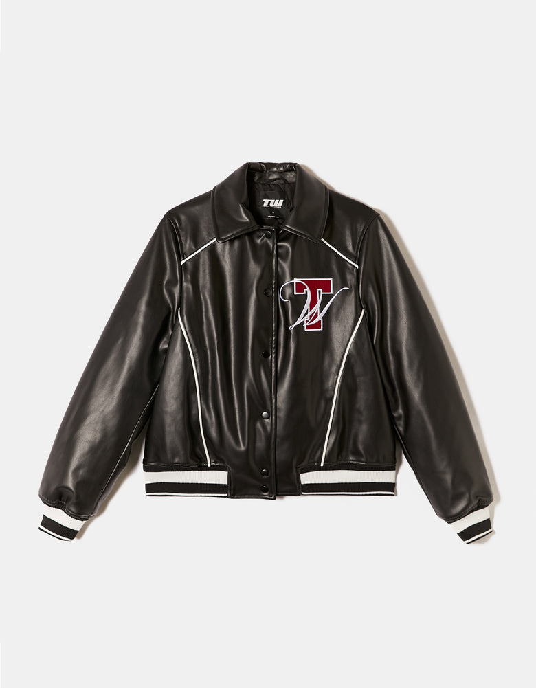 Faux Leather Oversize Varsity Jacket | Black