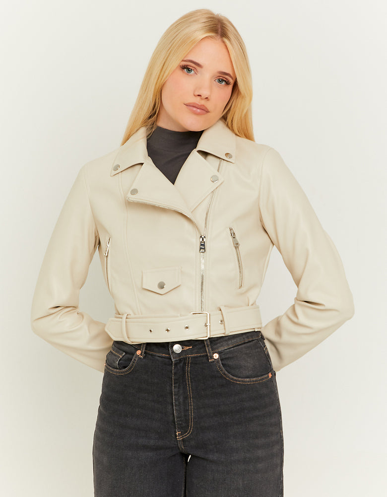 Faux Leather Biker Jacket | Cream