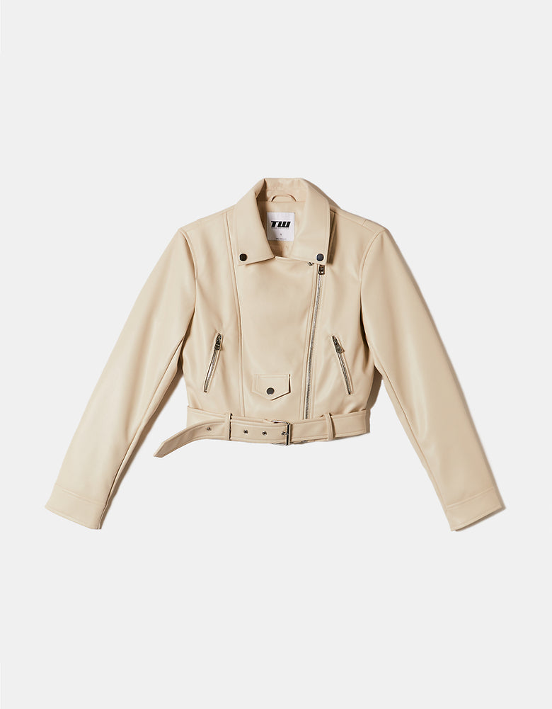 Faux Leather Biker Jacket | Cream