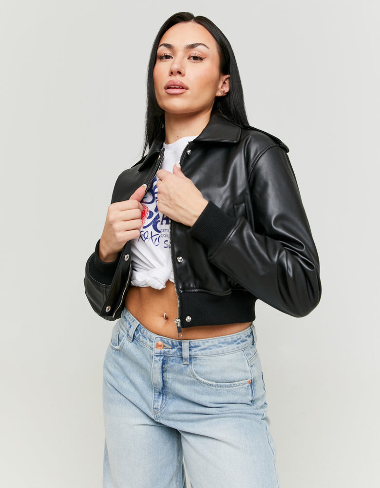 Faux Leather Bomber Jacket | Black