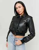 Faux Leather Bomber Jacket | Black