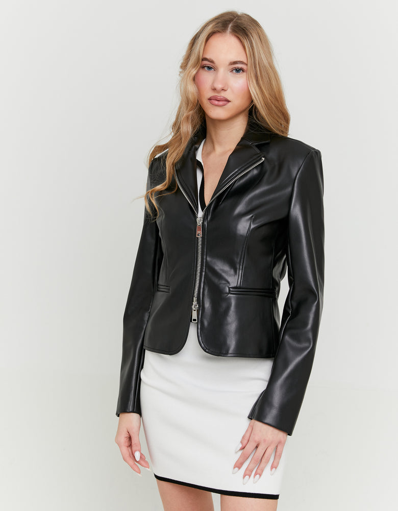 Faux Leather Zipped Blazer | Black