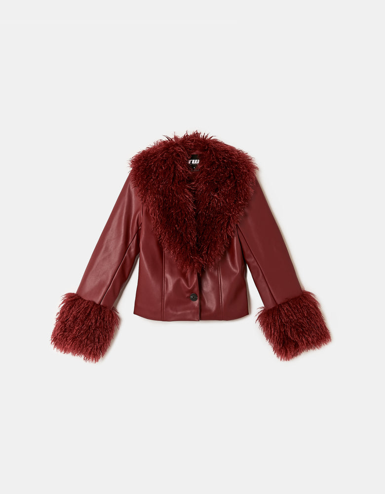 Faux Leather Jacket with Faux Fur | Red