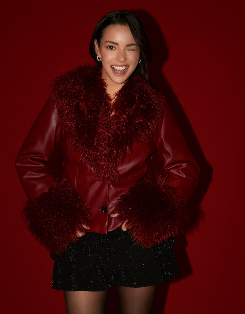 Faux Leather Jacket with Faux Fur | Red