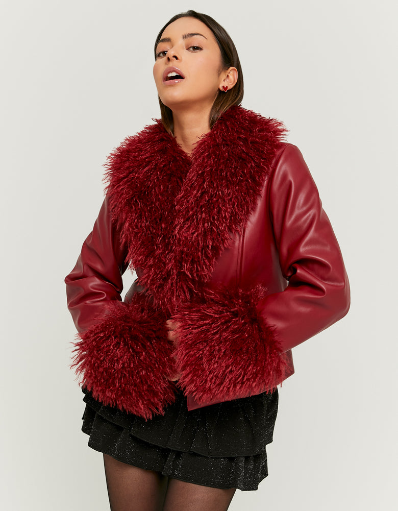 Faux Leather Jacket with Faux Fur | Red